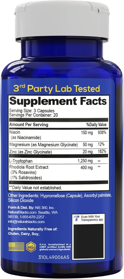 Serotonin Brain Food, Mood Support w/ Tryptophan & Rhodiola Rosea, 60 Count | 1250mg L-Tryptophan Stress Relief Supplement w/ Magnesium Glycinate & Zinc - Neurotransmitter Support - Natural Stacks