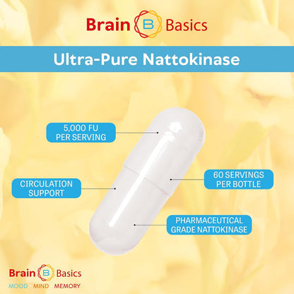 Brain Basic Ultra-Pure Nattokinase 5000 FU – 120 Capsules - Natural Blood Circulation Support with Highest Potency Available – Non-GMO, Vegan, Gluten Free