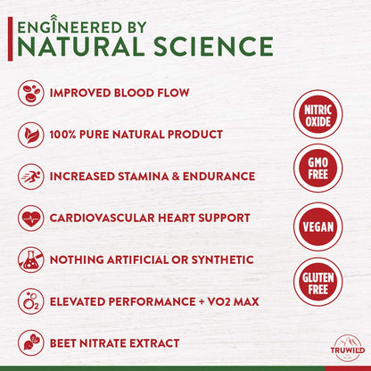 TruWild All Natural Beet Root Powder- Nitric Oxide Booster - 1000mg - Vegan Superfood Capsule Supplement – Beetroot Extract Supports Overall Health, Performance, & Stamina – 30 Servings