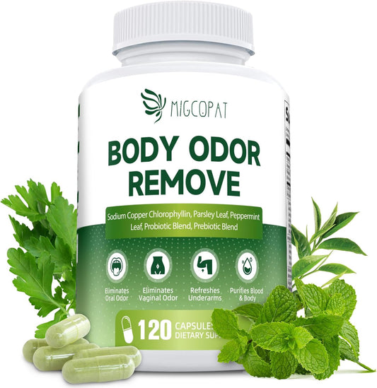 Chlorophyll Body Deodorizing Supplement, Chlorophyll Capsules with Parsley & Peppermint, Probiotic, Green Tea, Jerusalem Artichoke, Prebiotic, Supports Fresh Breath & Whole-Body Freshness, 120 Caps
