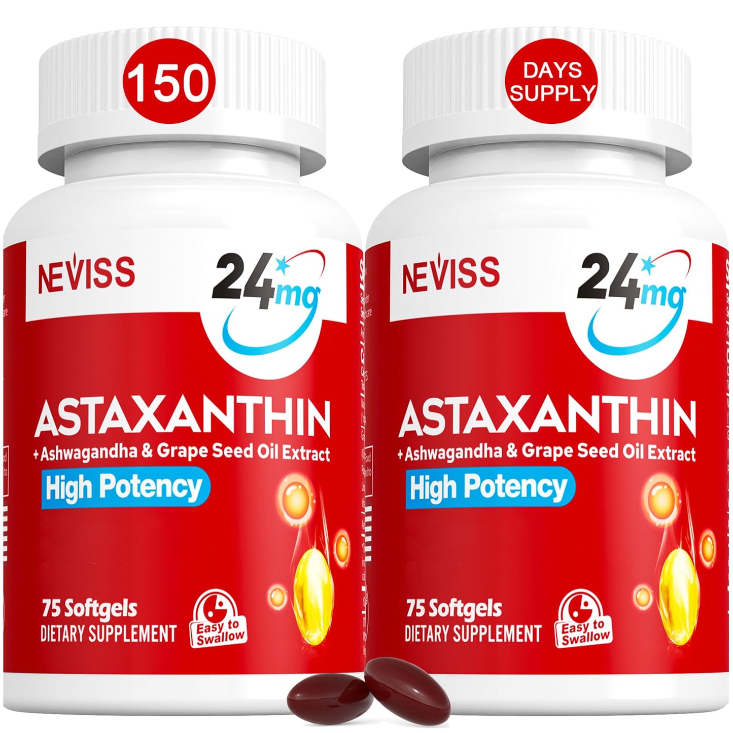 Astaxanthin Supplements 24mg, 5 Month Supply - Coconut MCT Oil, Fresh Microalgae Source w/Grape Seed Oil, Ashwagandha - Antioxidants for Healthy Skin, Eyes, Aging - Non-GMO & Gluten Free, 150 Softgels