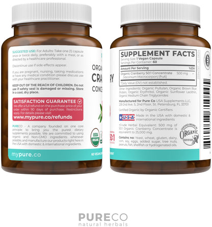 Organic Cranberry Pills - Vegan Supplement for Urinary Tract Health & Kidney Cleanse - Cranberry Pills for Women 500mg 50:1 Cranberry Concentrate Per Serving - Urinary Tract Support - 60 Capsules