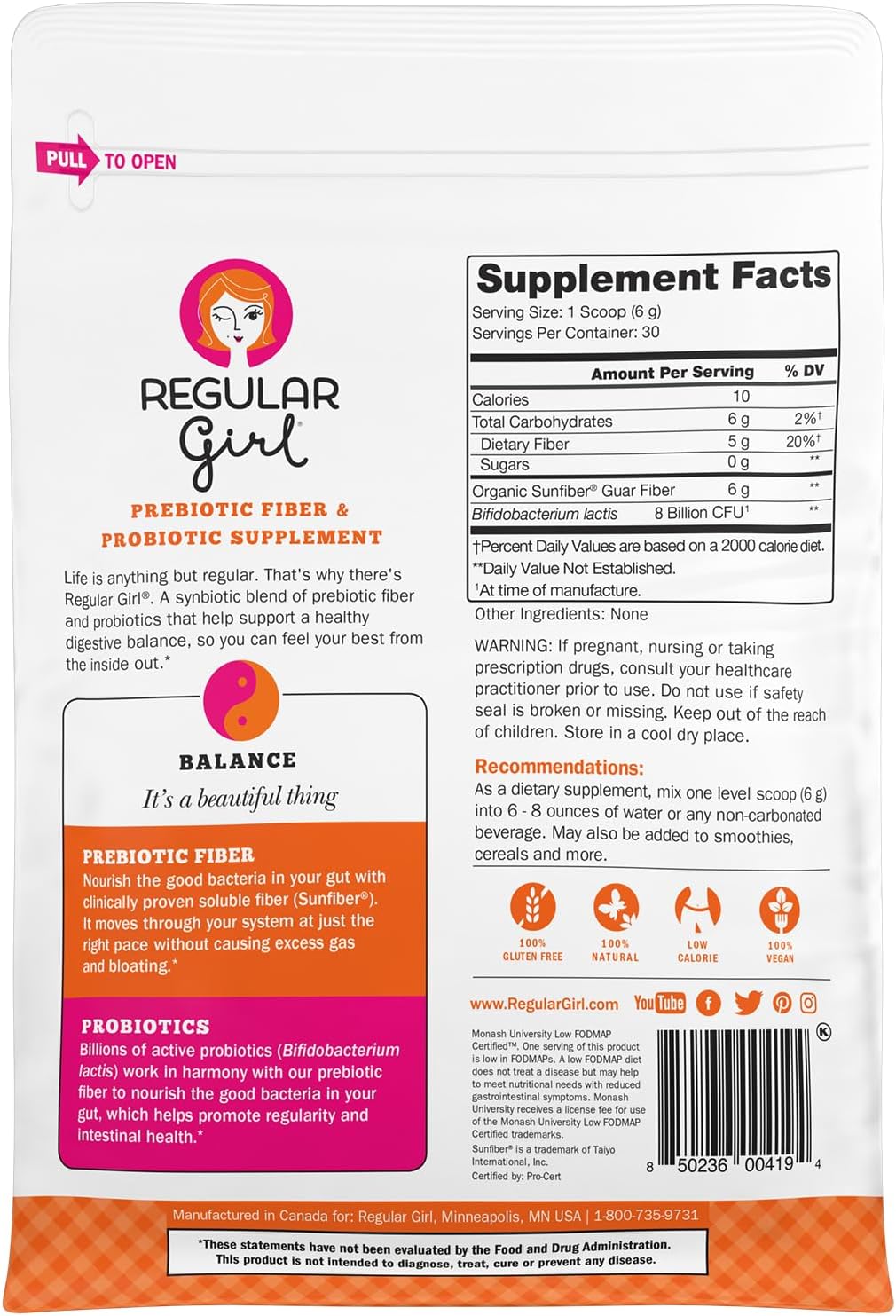 Regular Girl Organic Powder, Prebiotic Fiber Supplement and Probiotics for Women, Low FODMAP, 30 Servings, Unflavored