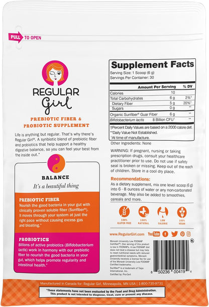 Regular Girl Organic Powder, Prebiotic Fiber Supplement and Probiotics for Women, Low FODMAP, 30 Servings, Unflavored