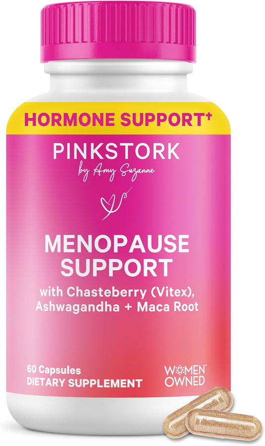 Pink Stork Menopause Support for Women - Hot Flash, Mood, Sleep, Weight, Cortisol & Hormonal Balance - Vegan, Estrogen-Free Perimenopause Relief - Ashwagandha, Maca - 60 Capsules