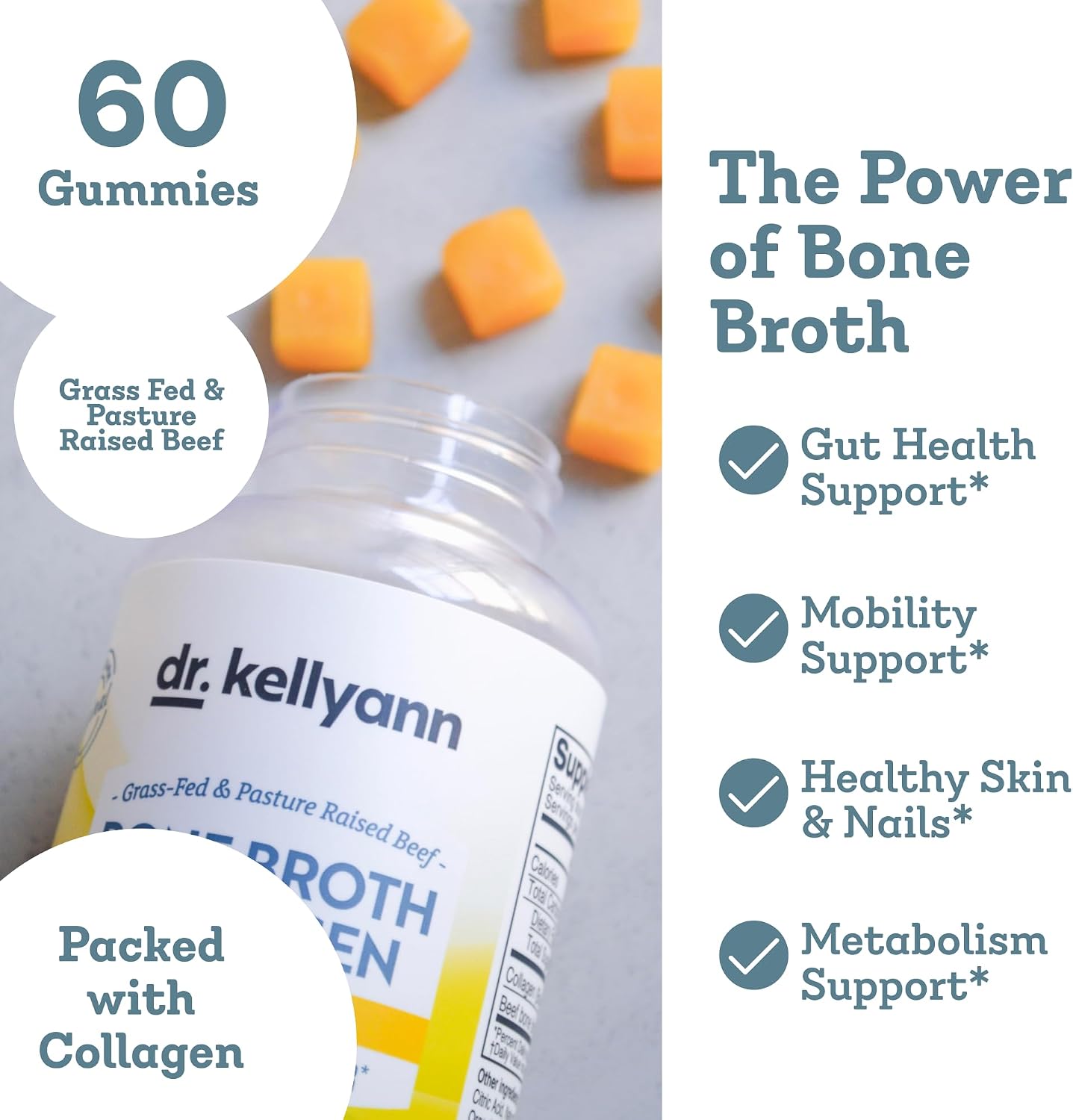 Dr. Kellyann Collagen + Bone Broth Gummies, Lemon | Gut, Skin, Joint & Hair Support | Grass-Fed Beef | Non-GMO, Dairy-Free, Soy-Free | 60 Gummies