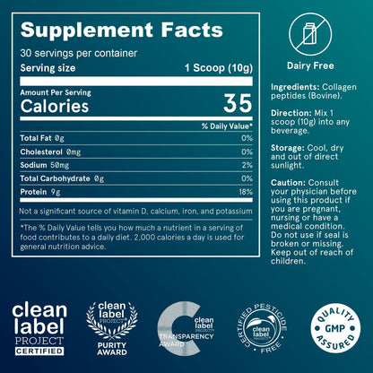Puori Pure Collagen Peptides Powder, Unflavored - 10g of Grass-Fed Hydrolyzed Bovine Collagen Supports Skin Health, Hair & Nail Strength, Joint Pain & Mobility Support - 30 Servings