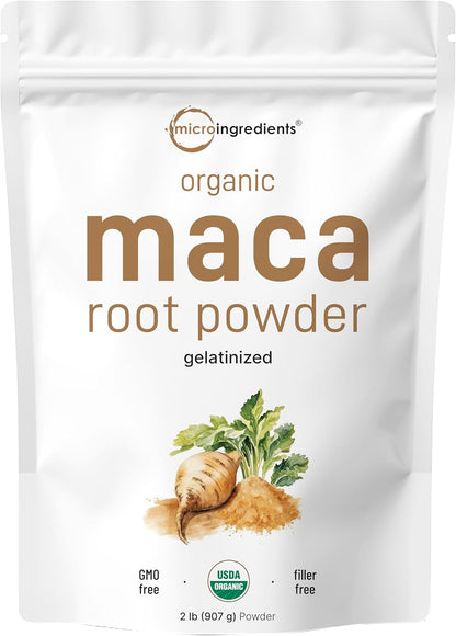 Micro Ingredients Organic Maca Root Powder, 2 Pound, Gelatinized for Better Absorption, Rich in Antioxidants, No GMOs, Vegan Friendly and Peru Origin