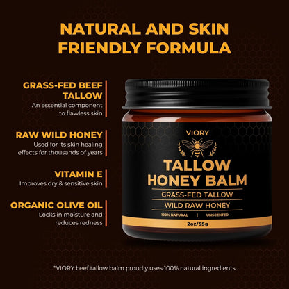 VIORY Tallow and Honey Balm for Face, Beef Tallow for Skin, Moisturizer | With 100% Organic Grass-Fed Beef Tallow & Raw Wild Honey, Natural Formula For Dry & Sensitive Skin (Unscented)