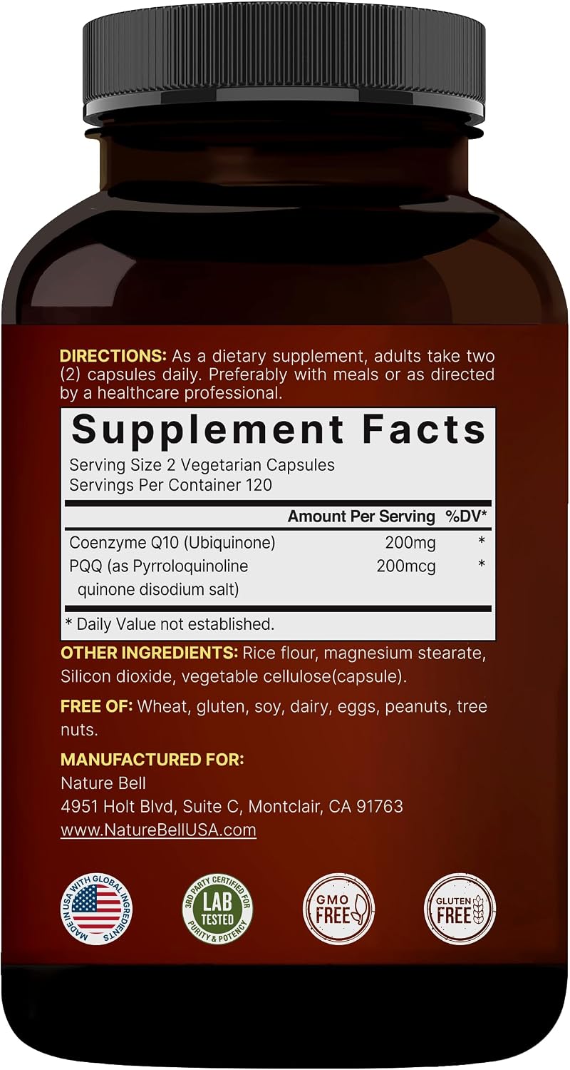 NatureBell CoQ10 200mg with PQQ, 240 Veggie Capsules | Stable High Absorption Form – Antioxidant Support for Heart, & Energy Health – Extra Strength Coenzyme Q10 Supplement