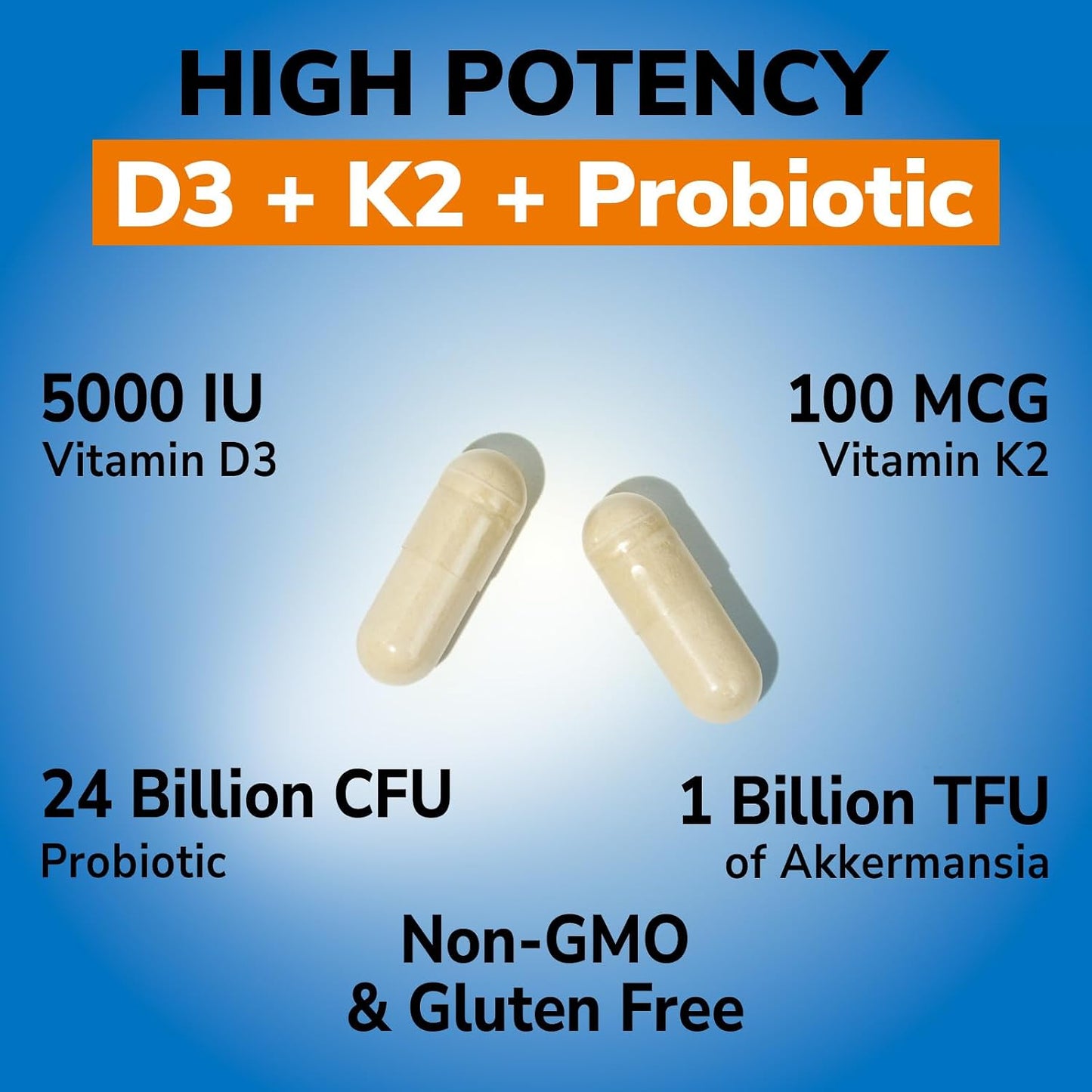 Vitalibre D3 K2 Probiotic Supplement, Vitamin D3 5000 IU & K2 100 mcg, with Probiotics for Women & Men, Akkermansia Muciniphila, Bone, Gut & Immune Support, Non-GMO, Easy to Swallow, 30 Capsules