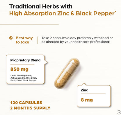 Organic Ashwagandha Capsules 120 Count | 4 in 1 with Zinc, Black Pepper & Holy Basil Extract | Immune Health, Extra Strength Stress, Mood & Energy Support | Non-GMO | For Men & Women | 2 Month Supply