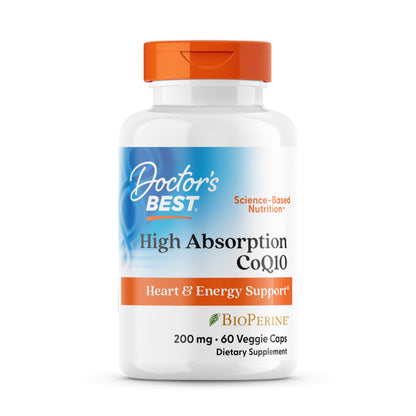 Doctor's Best High Absorption CoQ10 200mg with BioPerine Supplement - Coenzyme Q10 Caps for Heart Health & Antioxidant Support, CoQ10 200 mg for Women & Men, Non GMO - 60 Veg Capsules