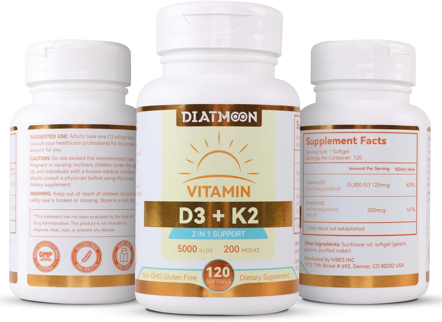 Vitamin D3 K2 Supplement Softgels, Vitamin D3 5000 IU & Vitamin K2 MK7 200 mcg, Bone & Teeth Support, Easy to Swallow - 120 Counts