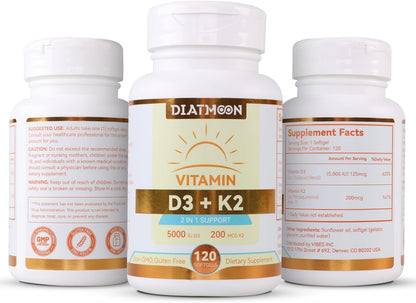 Vitamin D3 K2 Supplement Softgels, Vitamin D3 5000 IU & Vitamin K2 MK7 200 mcg, Bone & Teeth Support, Easy to Swallow - 120 Counts