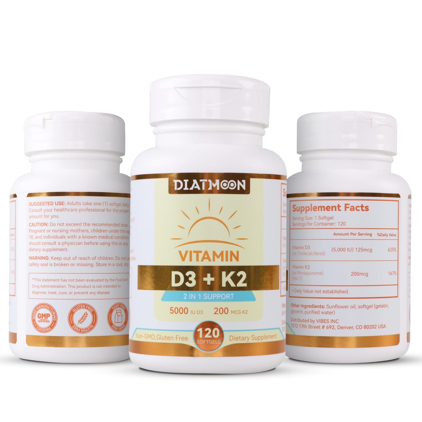 Vitamin D3 K2 Supplement Softgels, Vitamin D3 5000 IU & Vitamin K2 MK7 200 mcg, Bone & Teeth Support, Easy to Swallow - 120 Counts