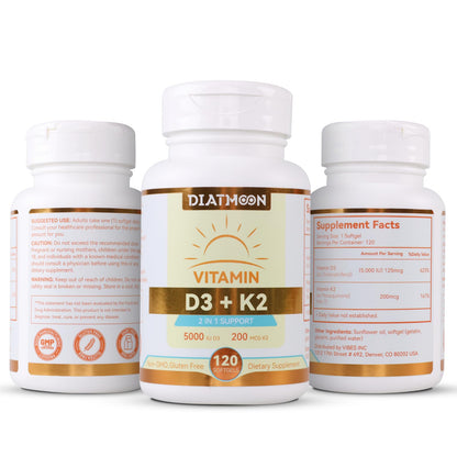 Vitamin D3 K2 Supplement Softgels, Vitamin D3 5000 IU & Vitamin K2 MK7 200 mcg, Bone & Teeth Support, Easy to Swallow - 120 Counts