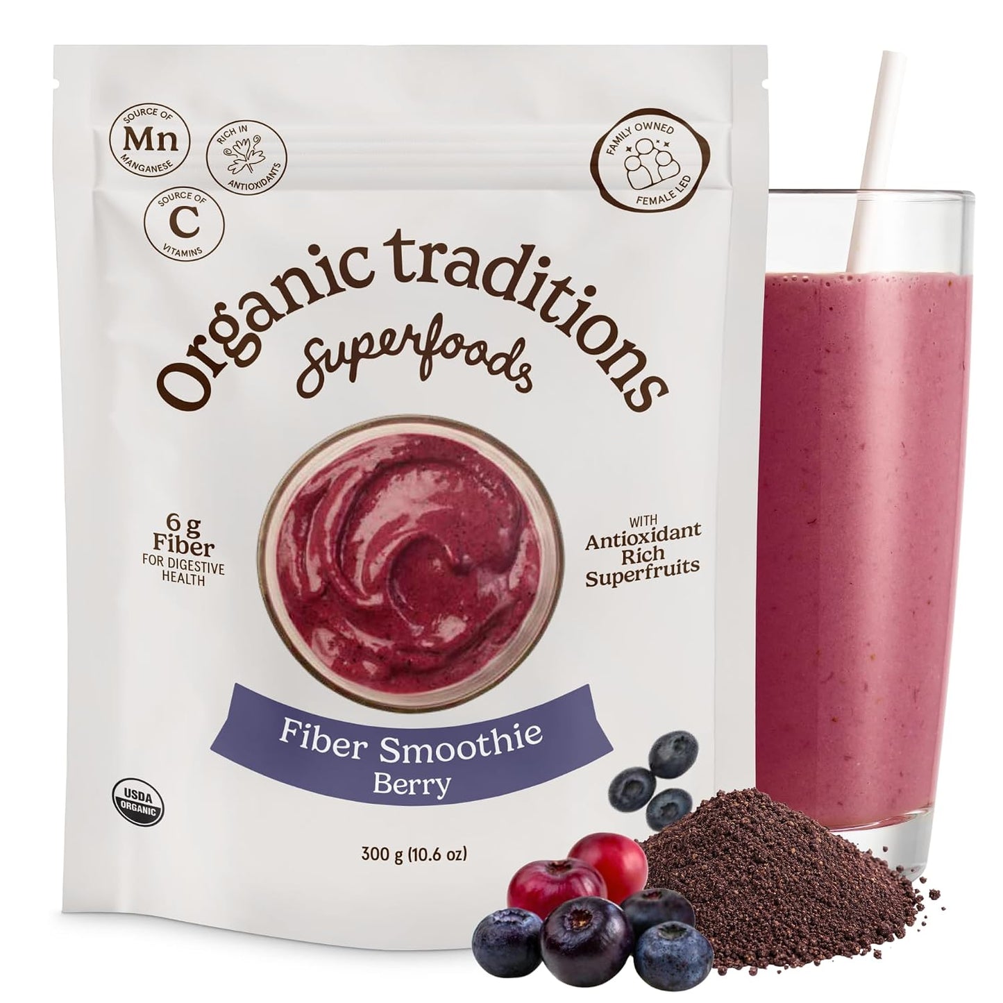 Organic Traditions Fiber Smoothie Berry, Prebiotic Fiber Powder with Chia, Flax, Acacia, Psyllium, Superfruits and Superfood Blend, Supports Digestive Health and Daily Wellness, 300g /10.6oz