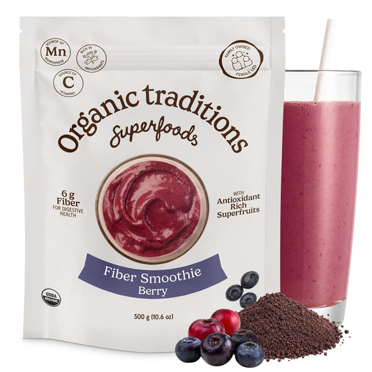 Organic Traditions Fiber Smoothie Berry, Prebiotic Fiber Powder with Chia, Flax, Acacia, Psyllium, Superfruits and Superfood Blend, Supports Digestive Health and Daily Wellness, 300g /10.6oz