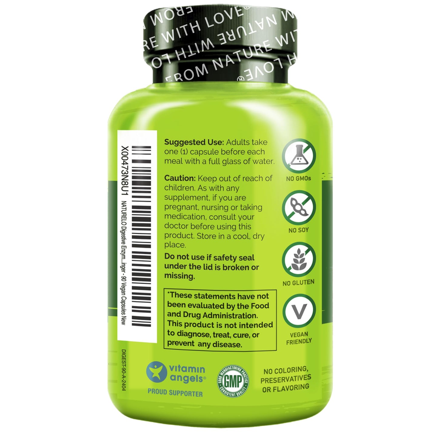 NATURELO Digestive Enzymes - Full Spectrum Support with a Broad Blend of 15 Enzymes Plus Ginger - 90 Vegan Capsules