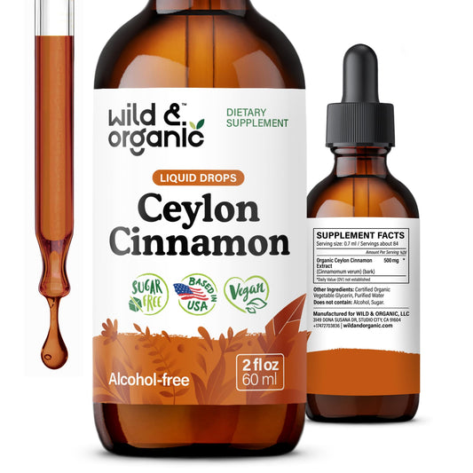 Wild & Organic Ceylon Cinnamon Supplements 500mg - Antioxidant Support - Ceylon Cinnamon Drops - Add to Tea Liquid Extract - Cinnamomum Verum Bark - Unflavored, Sugar & Alcohol-Free Tincture - 4 fl oz