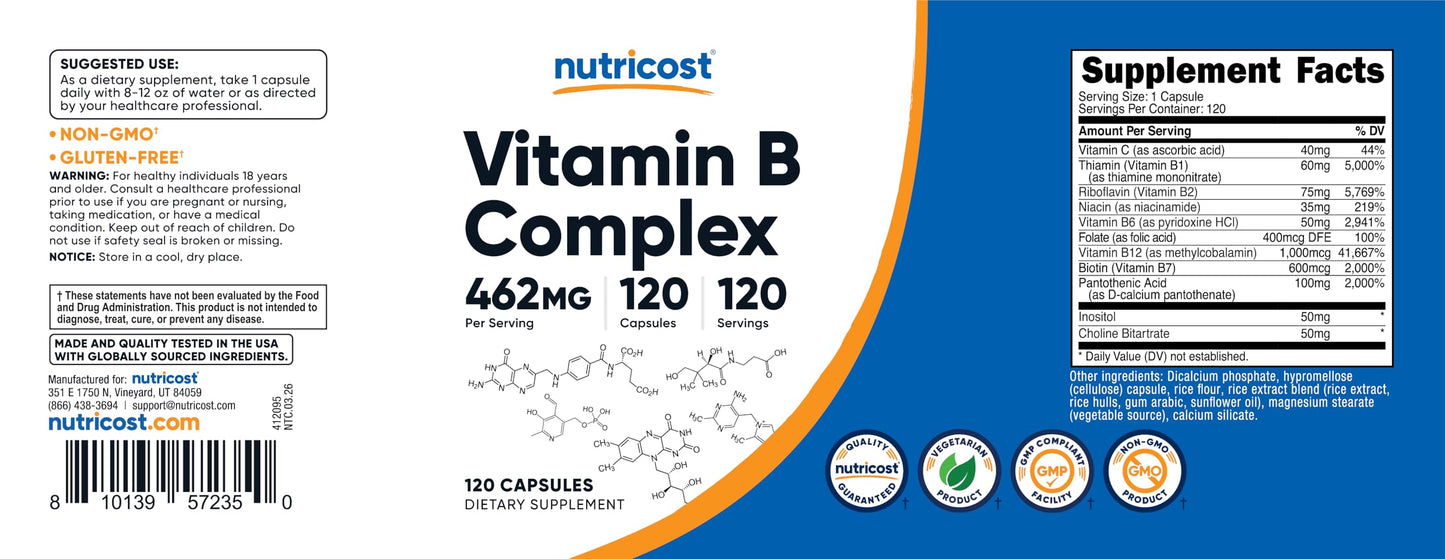 Nutricost High Potency Vitamin B Complex 462mg, 120 Capsules - with Vitamin C - Energy Complex