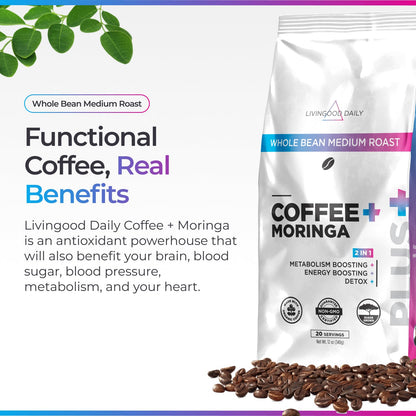 Livingood Daily Coffee with Moringa, Ground Medium Roast Coffee with Plant Based Ingredients for Morning Energy, Made with Moringa Powder, Organic, Non GMO, Vegan, Gluten Free, 20 Servings, 12 oz Bag