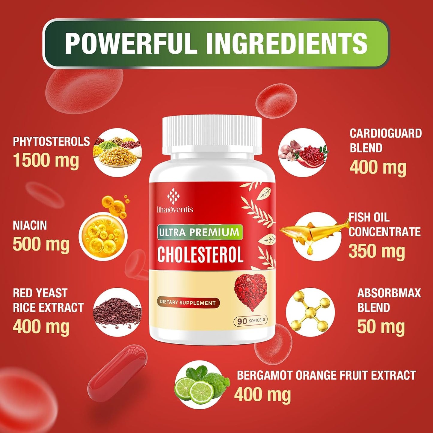 Itharoventis Cholesterol Lowering Supplements with Red Yeast Rice | Plant Sterols Supplement With Omega-3, Bergamot & Garlic, Advanced Formula, 90 Softgels