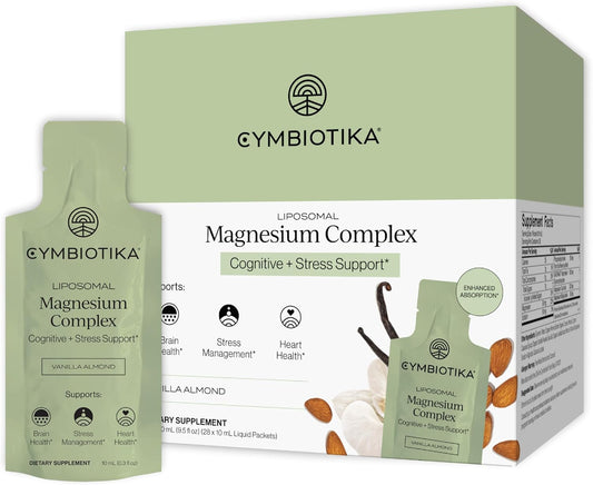 CYMBIOTIKA Liposomal Magnesium Complex for Sleep, Calm, Relax & Recovery | 3 forms: taurate, bisglycinate & glycerophosphate. Highly absorbable, stomach-friendly. Vanilla Almond, 28 pouches. Vegan.