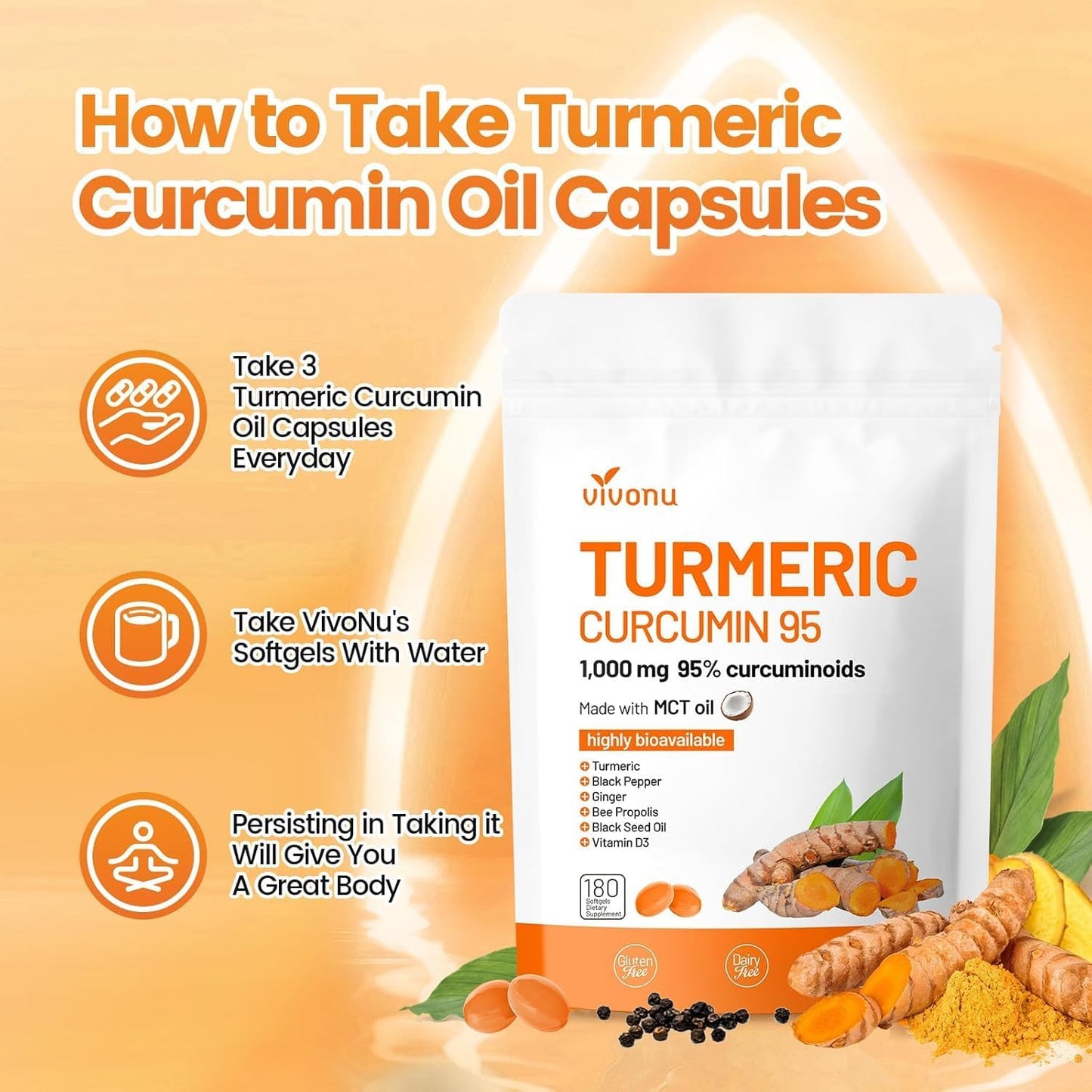 10-in-1 Turmeric Supplement Softgels, 95% Curcumin for 1000mg, Made Mct Oil, 60-Day Supply with Black Pepper, Ginger, Propolis Powder, Black Seed Oil, Saw Palmetto Oil, Zinc, Vitamin D3, E & More