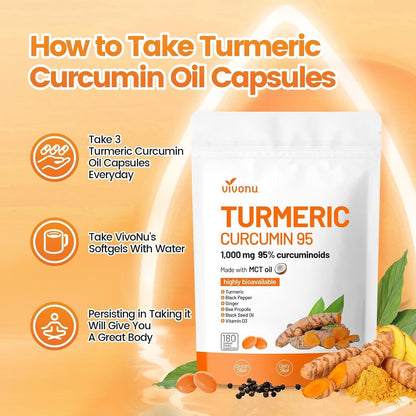 10-in-1 Turmeric Supplement Softgels, 95% Curcumin for 1000mg, Made Mct Oil, 60-Day Supply with Black Pepper, Ginger, Propolis Powder, Black Seed Oil, Saw Palmetto Oil, Zinc, Vitamin D3, E & More