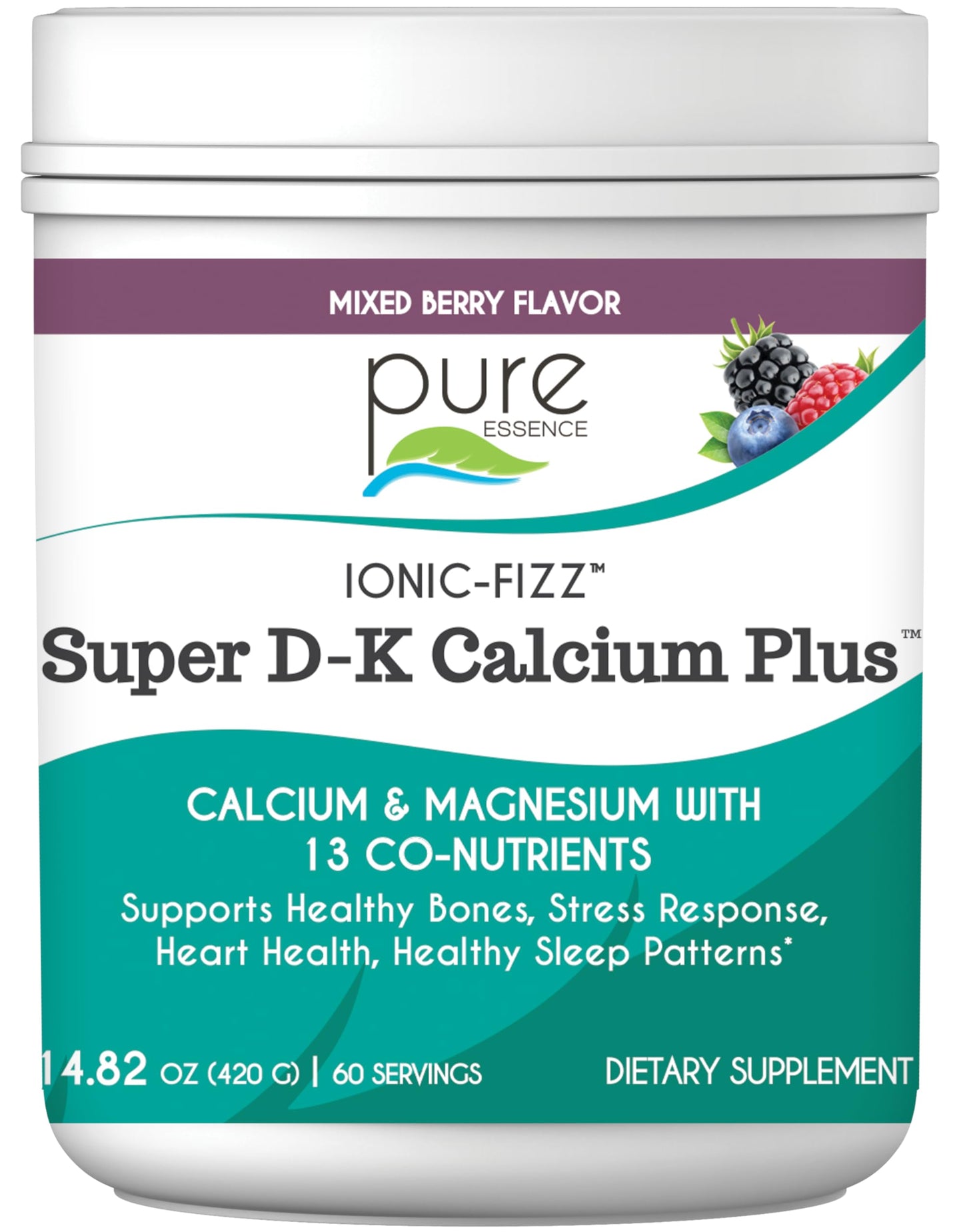 Ionic Fizz Super D-K Calcium Plus by Pure Essence - with Extra Magnesium, Vitamin D3, Vitamin K2 for Strong Bones and Stress Support - Raspberry Lemonade - 14.82oz