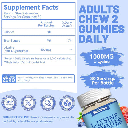 2 Pack L-Lysine 1000mg Gummies, Chewable Lysine Supplement for Adults | Lysine Gummies for Immune Support, Collagen Formation Support*, Vegan, Gluten Free - 120 Counts