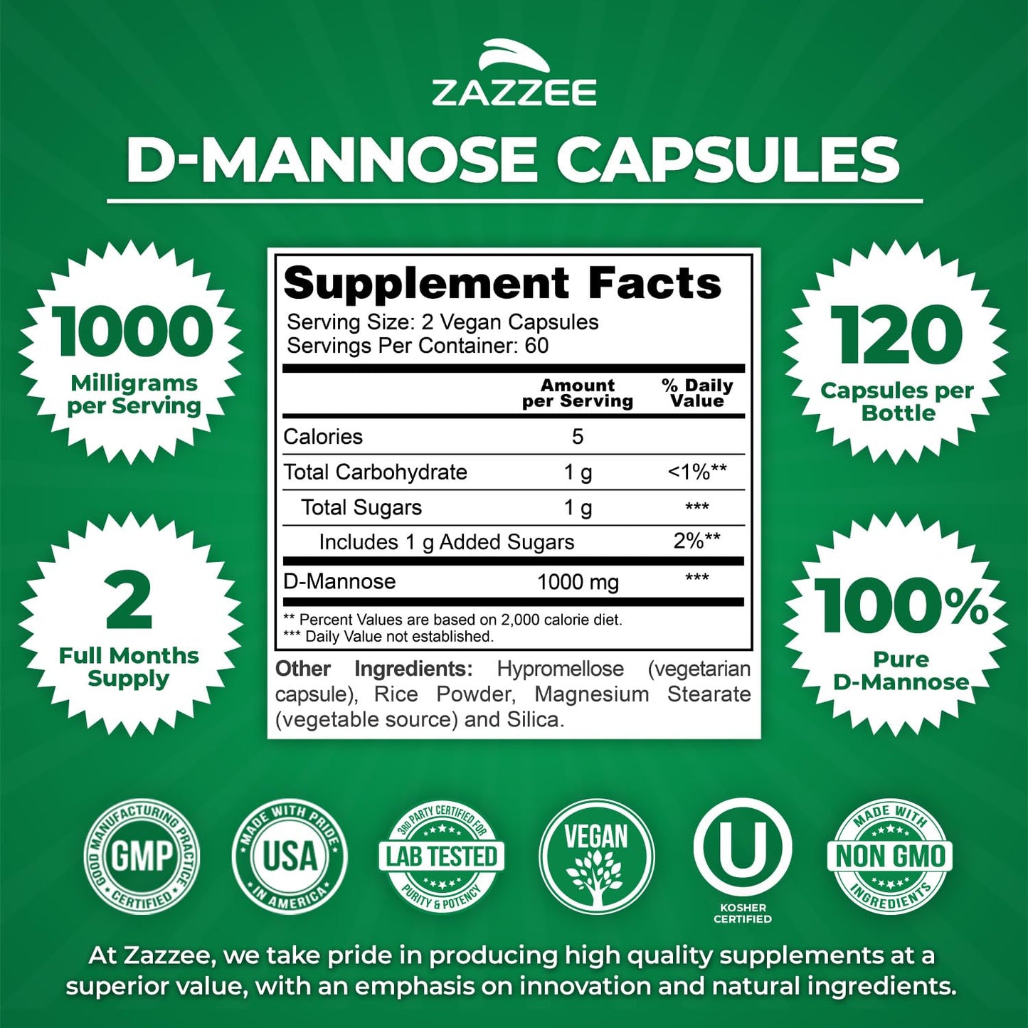 Zazzee D-Mannose, 1000 mg per Serving, 180 Vegan Capsules, 3 Month Supply, Potent & Fast-Acting, Certified Kosher, 100% Pure, All-Natural Urinary Tract Health Support, 100% Vegetarian, Non-GMO