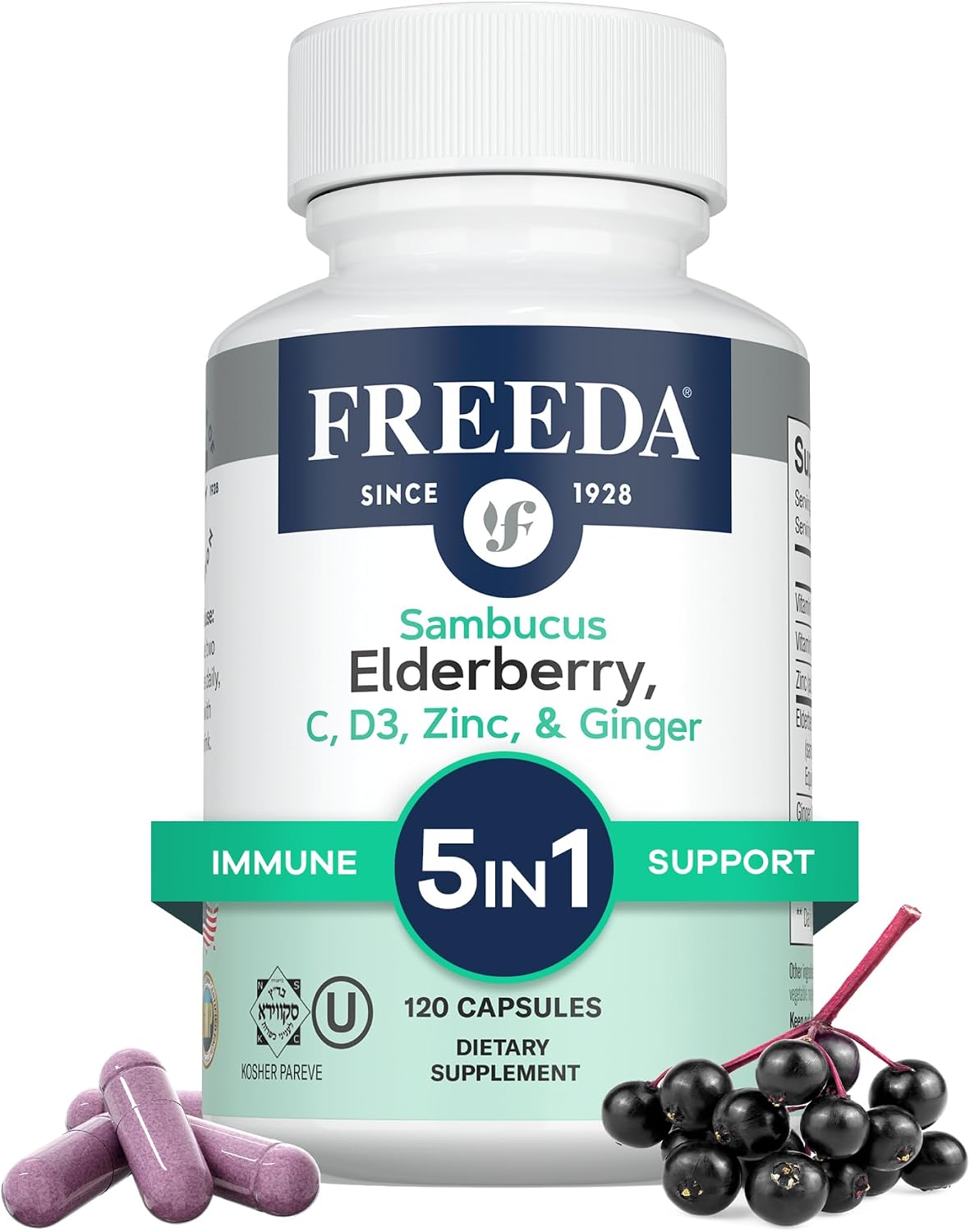 FREEDA Sambucus Elderberry Capsules - 5-in-1 Immune Support - 120 Count | Herbal Antioxidant Supplement with Vitamin C, Zinc, Vitamin D3 & Ginger for Adults - Gluten-Free - Made In USA