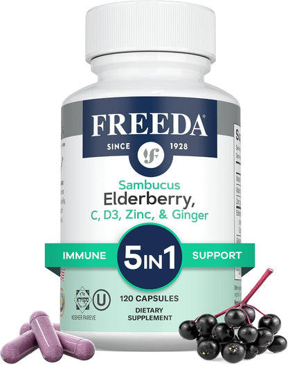 FREEDA Sambucus Elderberry Capsules - 5-in-1 Immune Support - 120 Count | Herbal Antioxidant Supplement with Vitamin C, Zinc, Vitamin D3 & Ginger for Adults - Gluten-Free - Made In USA
