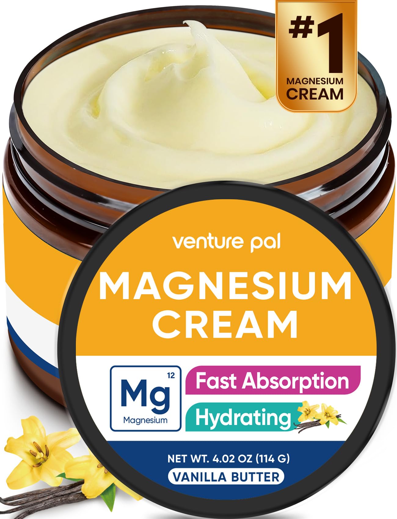 Venture Pal Topical Magnesium Cream, Highly Concentrated Magnesium Lotion | Fast-Absorbing Magnesium Moisturizing Cream with Coconut Oil, Shea Butter & Hyaluronic Acid; Suitable for Kids