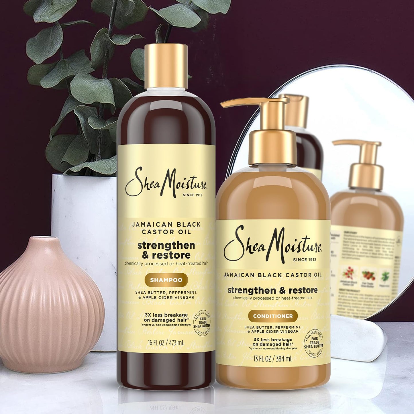 SheaMoisture Shampoo & Conditioner Set, Jamaican Black Castor Oil | Strengthen & Restore Repair Treatment for Dry, Damaged Hair | Wavy, Coily, Kinky & Curly Hair | Shea Butter, Peppermint & ACV