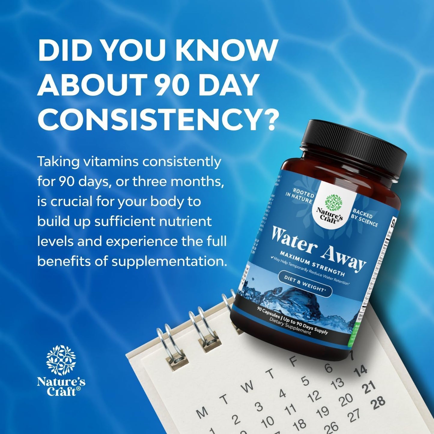 Water Away Herbal Diuretic Pills High Strength - Fluid Retention Supplement with Dandelion Leaf Extract & Green Tea for Bloating Relief for Women & Men - Capsules for Leg & Feet Swelling - 90 Count