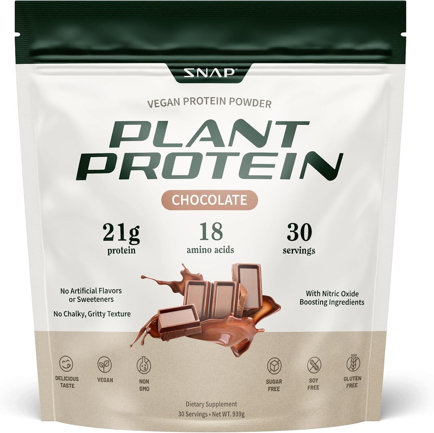 Snap Supplements Plant Based Vegan Protein Powder, Chocolate, 30 Servings | Nitric Oxide Boosting Protein Powder, BCAA Amino Acid for Muscle Growth, Performance & Recovery, 21g Protein per Serving