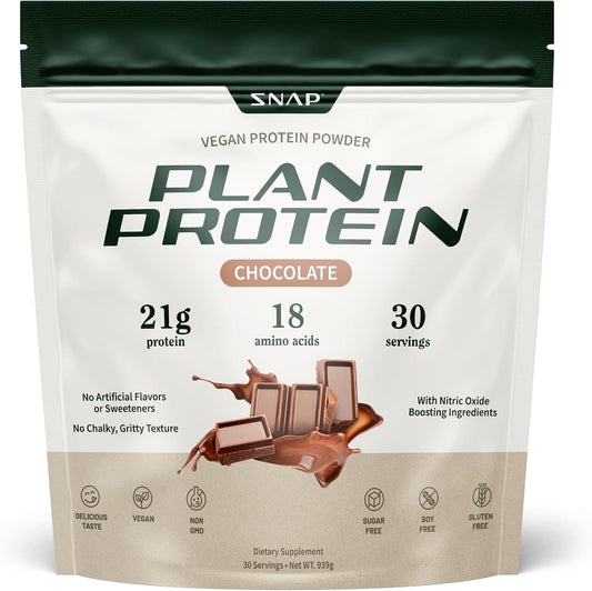 Snap Supplements Plant Based Vegan Protein Powder, Chocolate, 30 Servings | Nitric Oxide Boosting Protein Powder, BCAA Amino Acid for Muscle Growth, Performance & Recovery, 21g Protein per Serving
