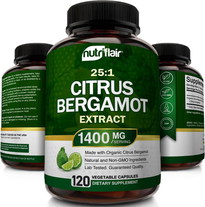 NutriFlair Organic Citrus Bergamot 1400mg, 120 Capsules - 25:1 Bergamia - Essential Oil and Citrus Bioflavonoids - Natural Heart Health Supplements for Women and Men - Non-GMO Pills