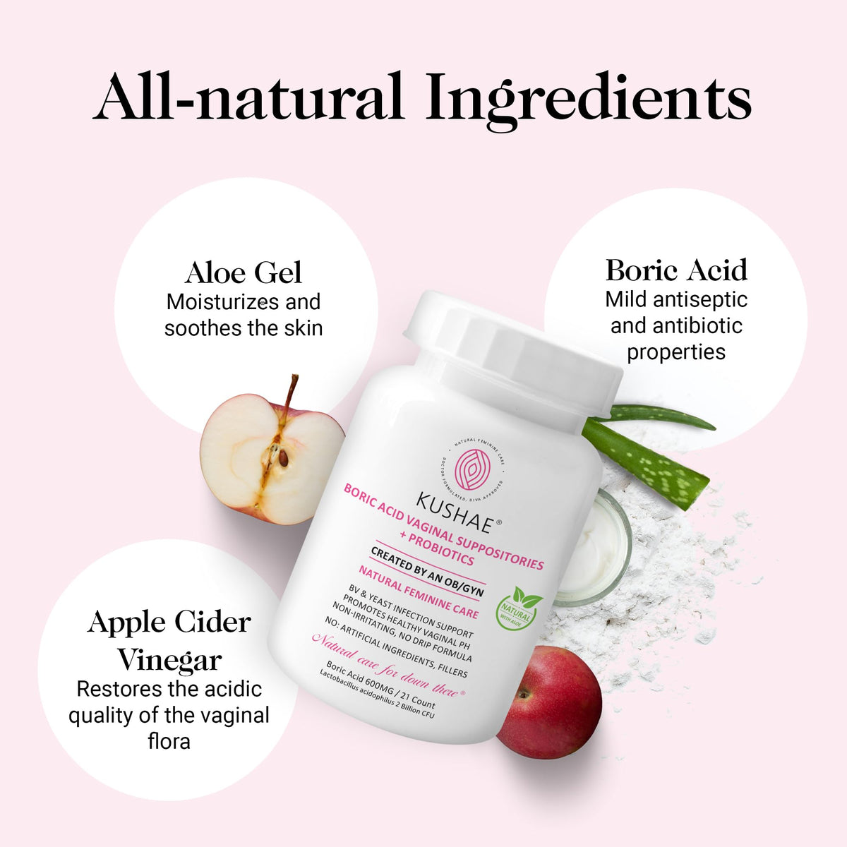 Kushae Boric Acid Suppositories with Applicator, All-Natural Boric Acid Suppositories for Women