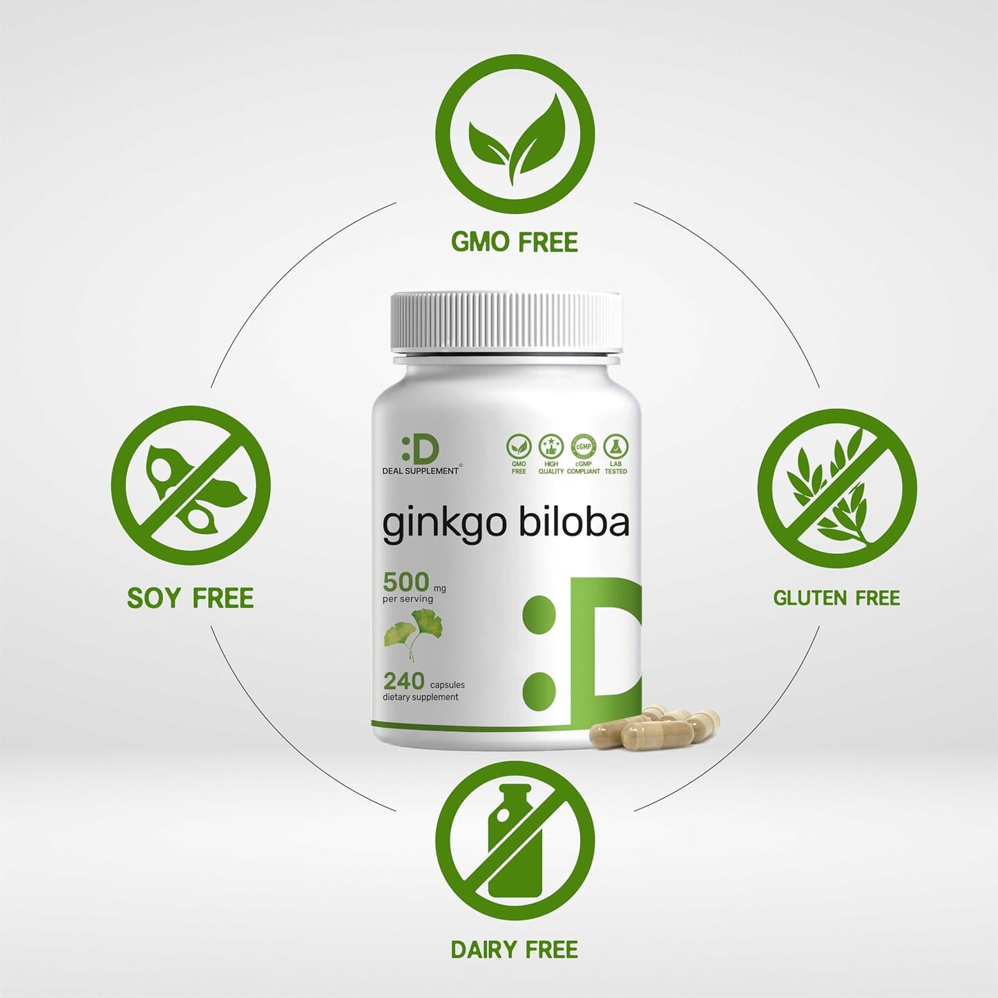 DEAL SUPPLEMENT Ginkgo Biloba 500mg Per Serving, 240 Capsules, 4 Month Supply – Grown in Northern Asia – Extra Strength, Promotes Brain Function