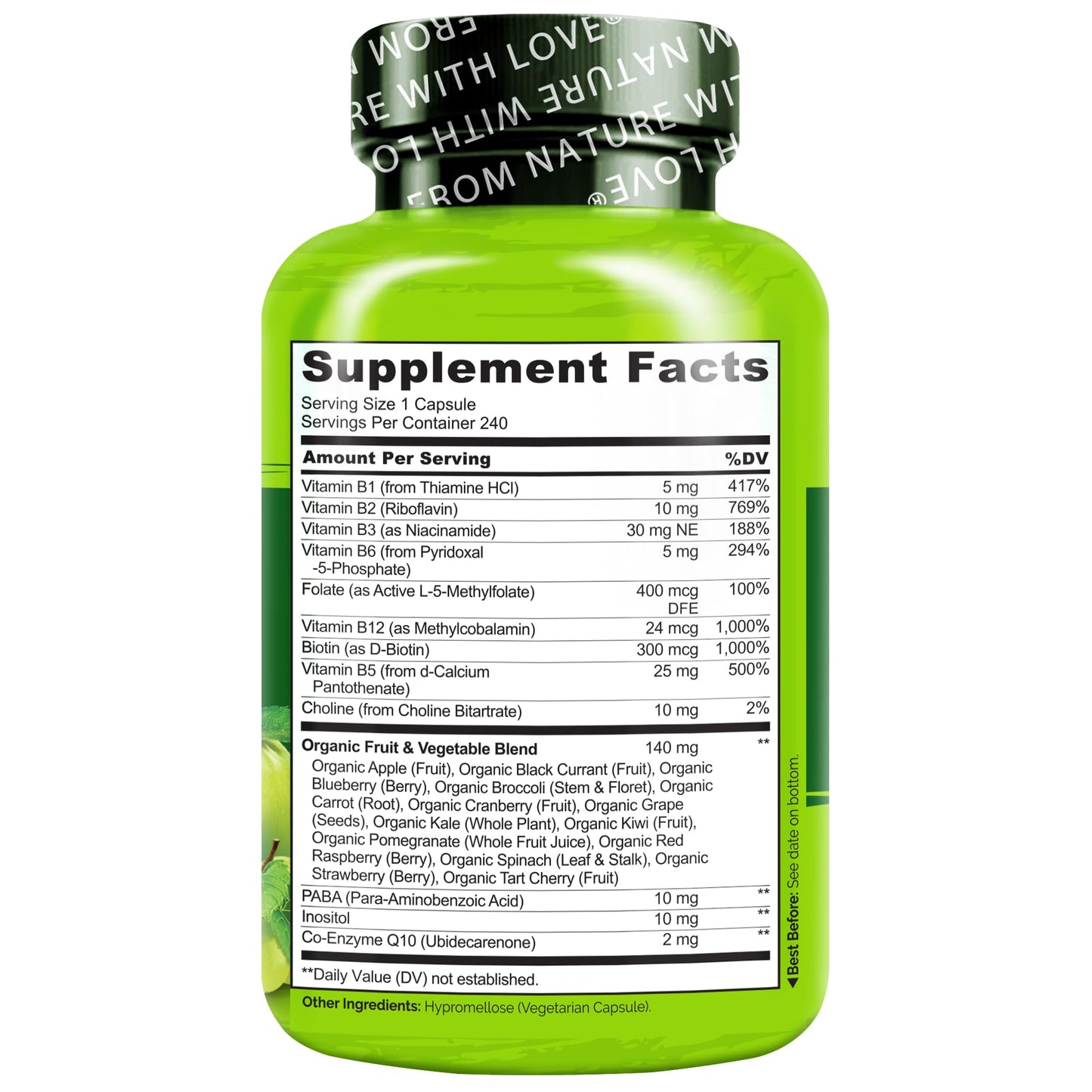 NATURELO Vitamin B Complex,120 Capsules, Vegan, CoQ10, Methyl Folate, Biotin, Fruit & Veg Blend, Supports Energy and Healthy Stress Response, Super B Complex Vitamins for Women and Men