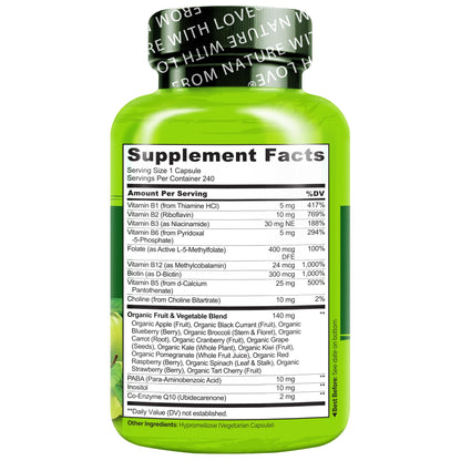 NATURELO Vitamin B Complex,120 Capsules, Vegan, CoQ10, Methyl Folate, Biotin, Fruit & Veg Blend, Supports Energy and Healthy Stress Response, Super B Complex Vitamins for Women and Men