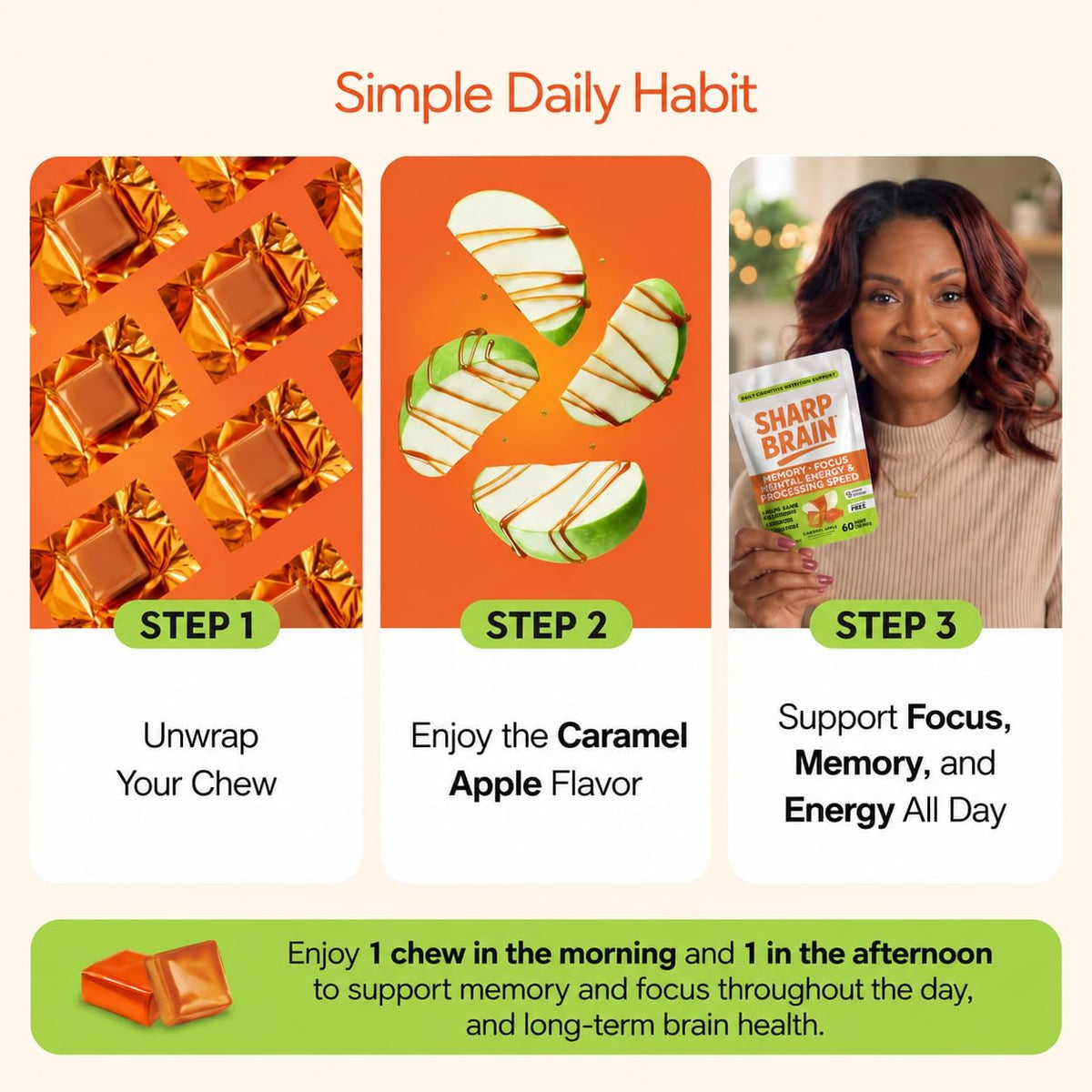 Sharp Brain – Soft Chews for Memory & Focus – Daily Cognitive Support to Help You Stay Sharp – Lion’s Mane Mushroom, Cognizin® Citicoline & B Vitamins – Caffeine-Free, 60 Chews