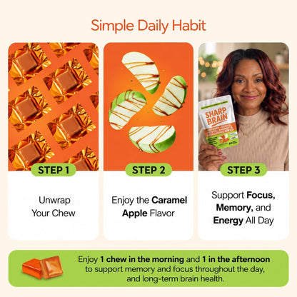 Sharp Brain – Soft Chews for Memory & Focus – Daily Cognitive Support to Help You Stay Sharp – Lion’s Mane Mushroom, Cognizin® Citicoline & B Vitamins – Caffeine-Free, 60 Chews