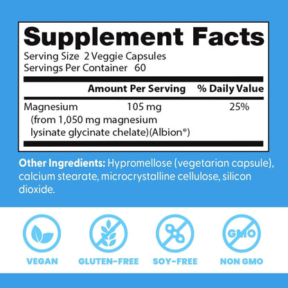 Doctor's Best High Absorption Magnesium Glycinate Lysinate Supplement for Sleep Support - Chelated Magnesium Capsules for Women & Men, 105 mg per Serving, Calm Support, Vegan - 120 Veg Caps