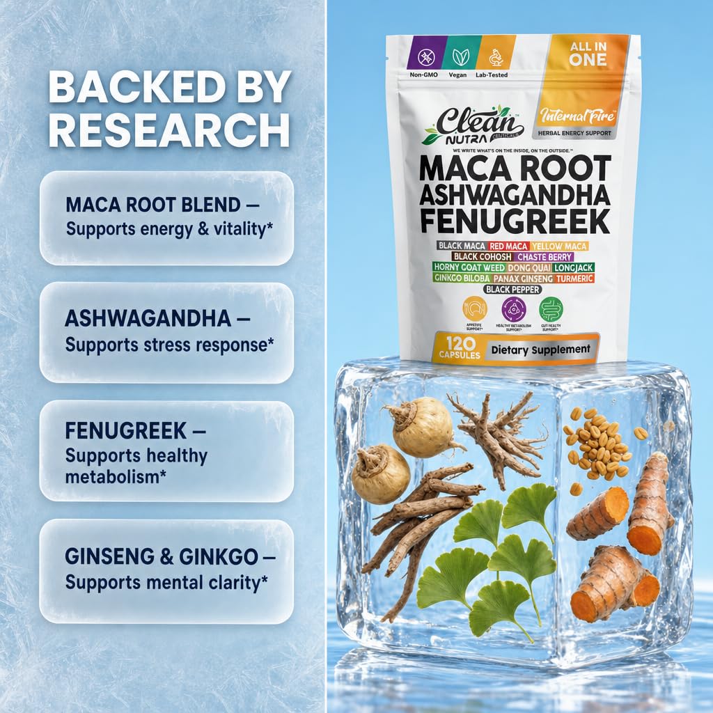 Clean Nutraceuticals Ashwagandha Maca Root Fenugreek Supplement with Tongkat Ali Ginseng - Assists with Stress, Mood & Thyroid - Ashwagandha Capsules Fenugreek Caps